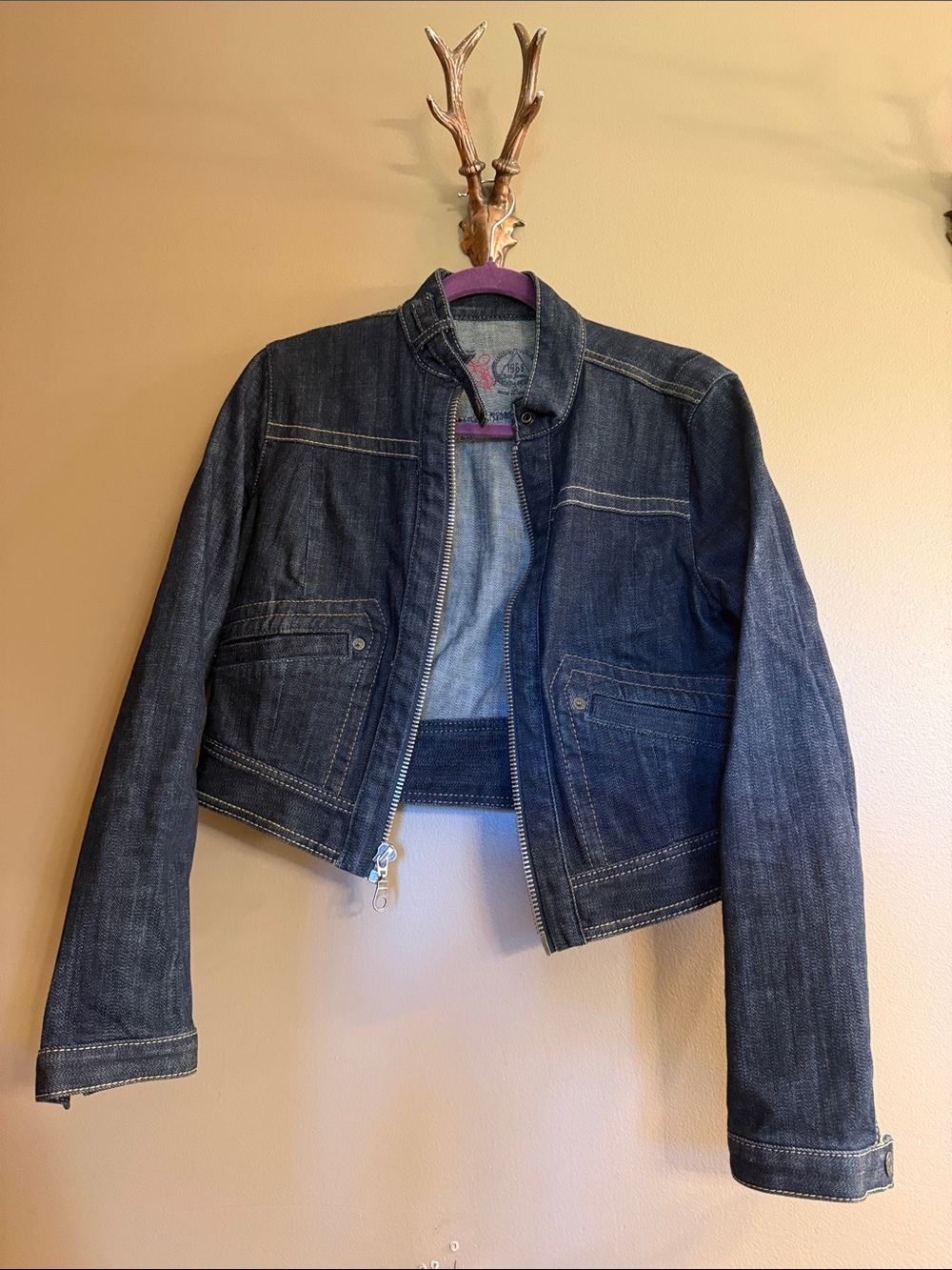 GAP Dark Blue Denim Cropped Zip-Up Jacket